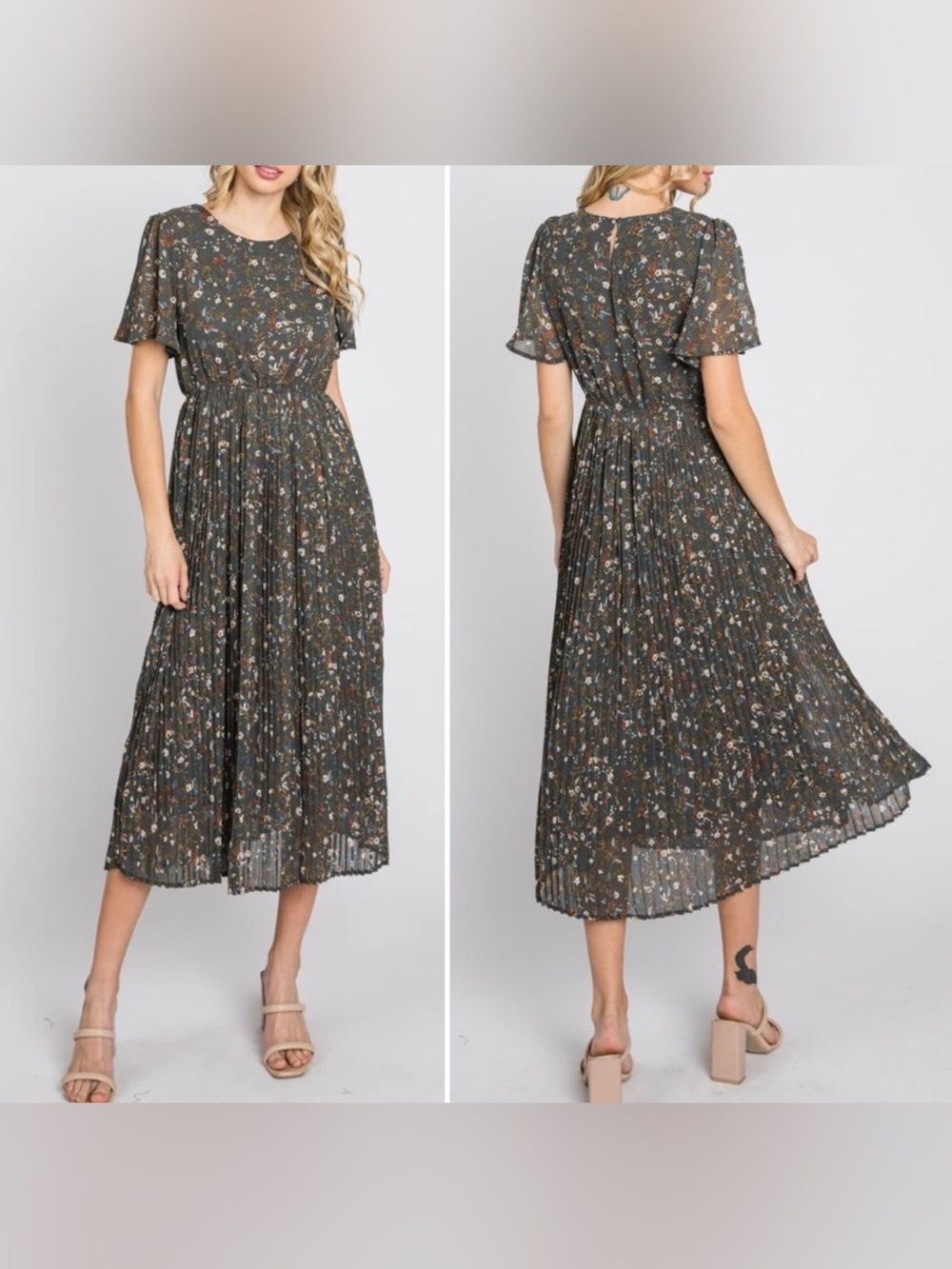 Baltic Born Belfast Pleated Midi Dress Antique Jade Floral Cottagecore